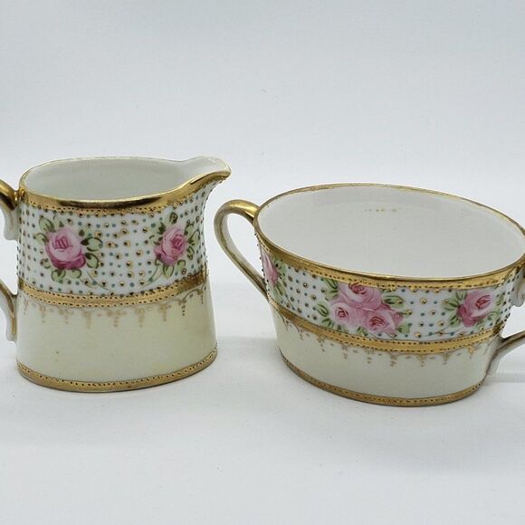 Nippon Pink Roses Gold Gilt and Textured Raised Dot Pattern Cream and Sugar Set - Picture 1 of 13
